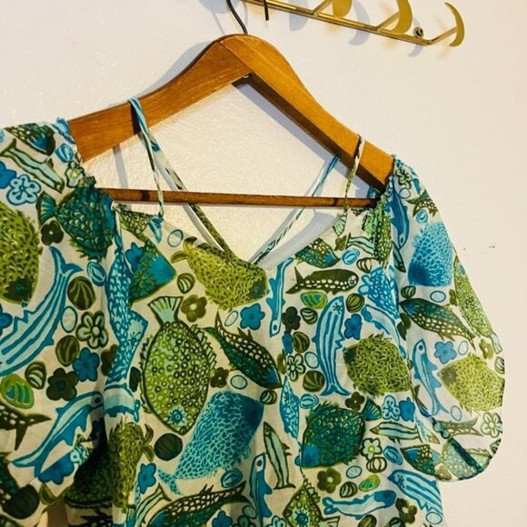 Anthropologie Vanessa Virginia Silk Fish Print Off Shoulder Blouse - Picture 8 of 12